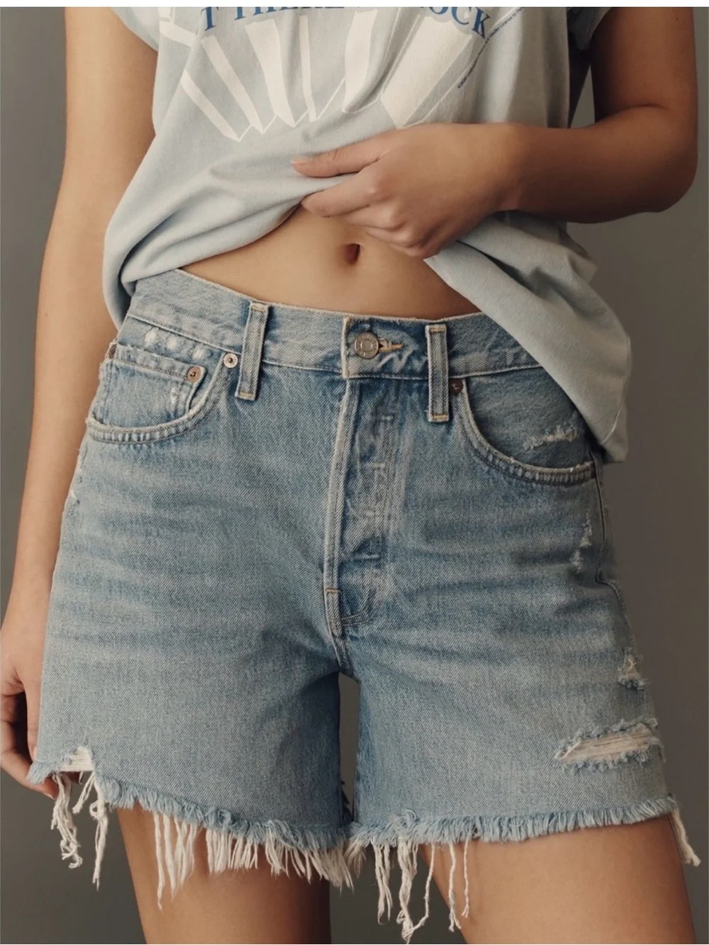 Agolde Parker long Light Blue Frayed Hem Denim Shorts